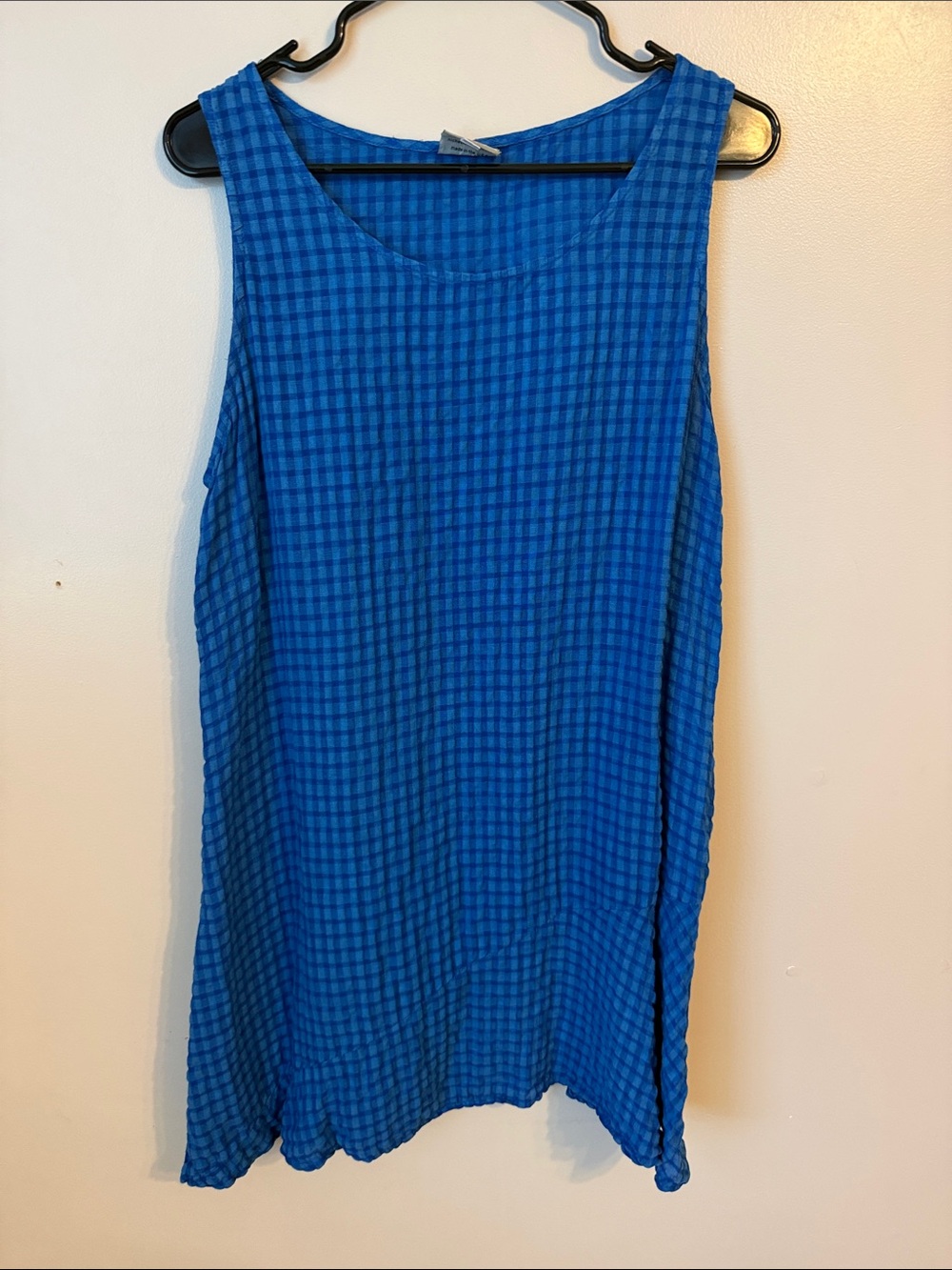 Niche Nilgun Derman Gingham Blue Tunic Blouse Asymmetric Texture Lagenlook USA